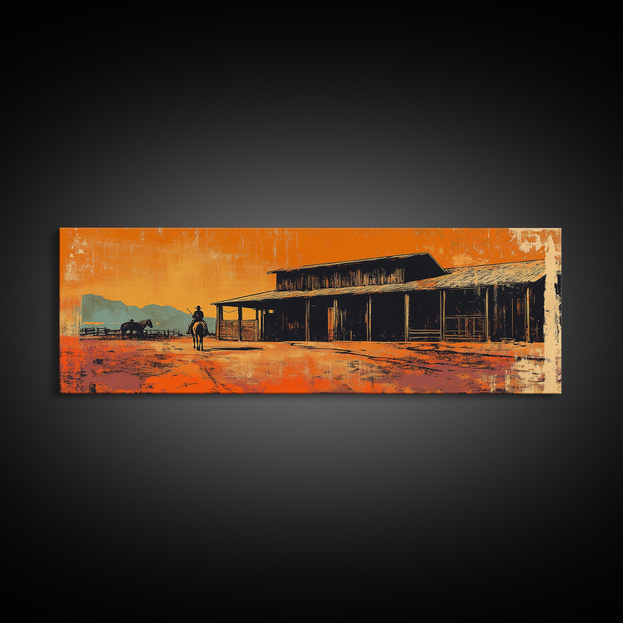 Western Cowboy Desert Saloon Wall Art, Rustic Canvas Print, Southwestern Ranch Decor, Orange Sunset Gift For Him, Man Cave Decor