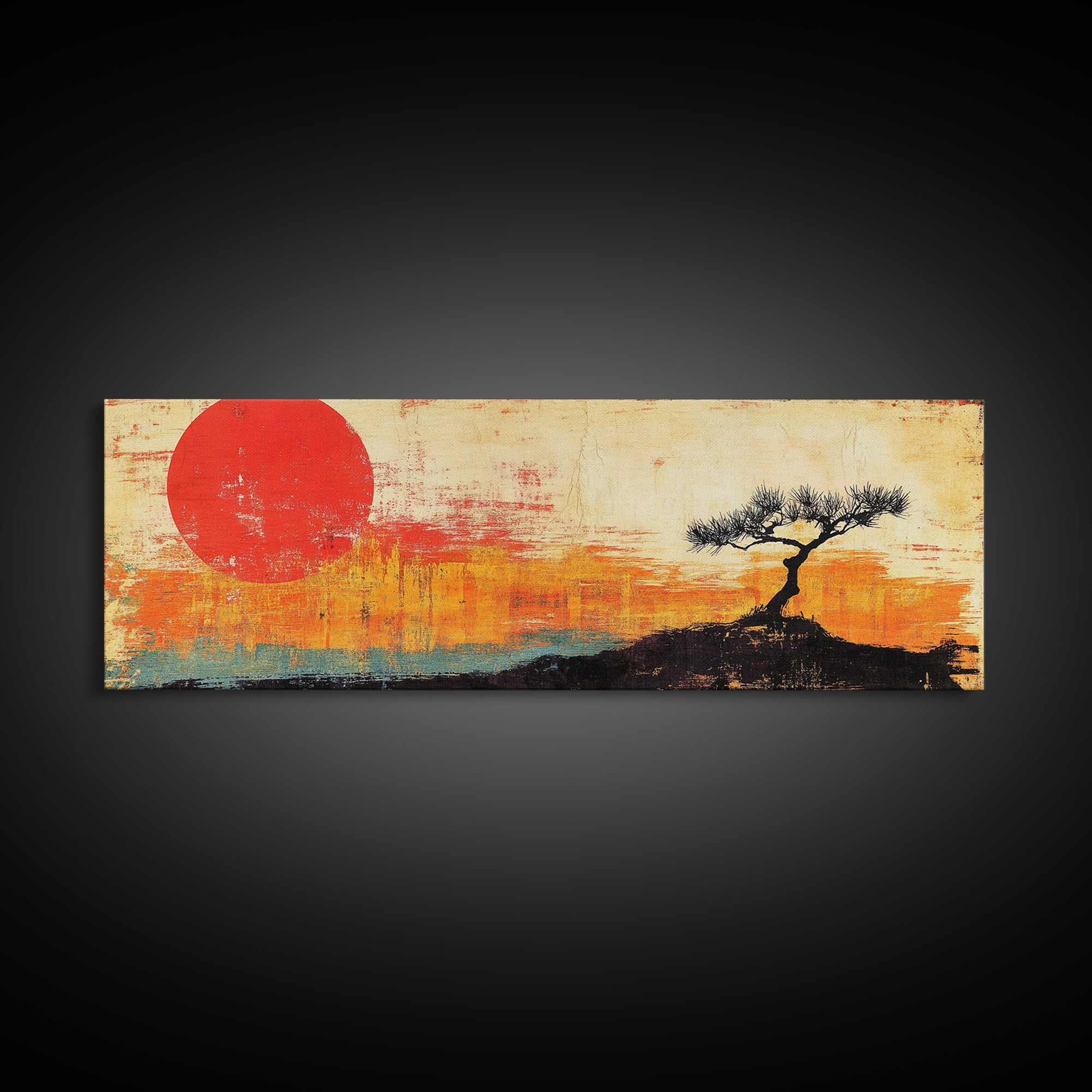 Lone Tree Red Sun Landscape Wall Art, Japandi Canvas Print, Minimalist Nature Decor, Orange Sunset Living Room Art, Above Sofa Decor