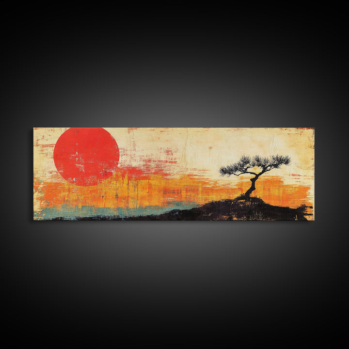 Lone Tree Red Sun Landscape Wall Art, Japandi Canvas Print, Minimalist Nature Decor, Orange Sunset Living Room Art, Above Sofa Decor
