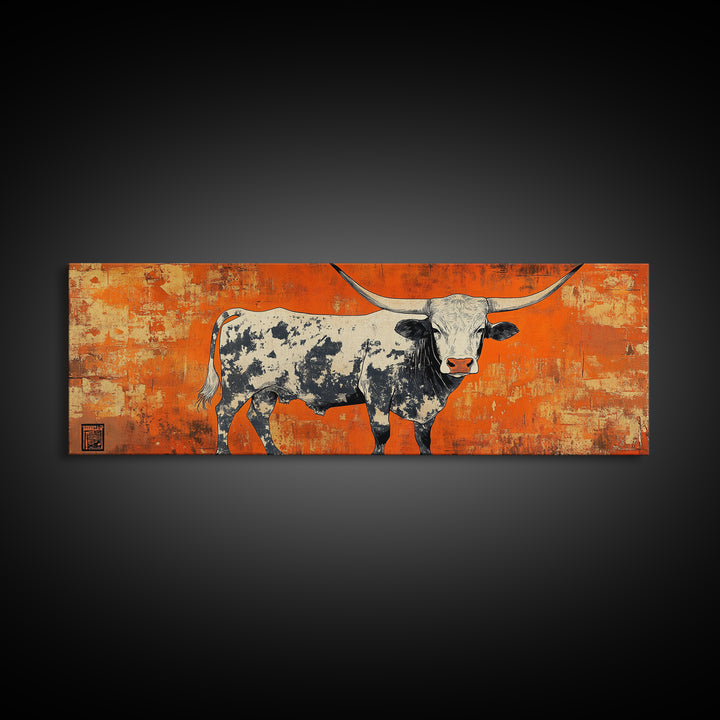 Texas Longhorn Cow On Orange Wall Art, Western Canvas Print, Rustic Ranch Decor, Southwestern Farmhouse Gift For Him, Man Cave Decor