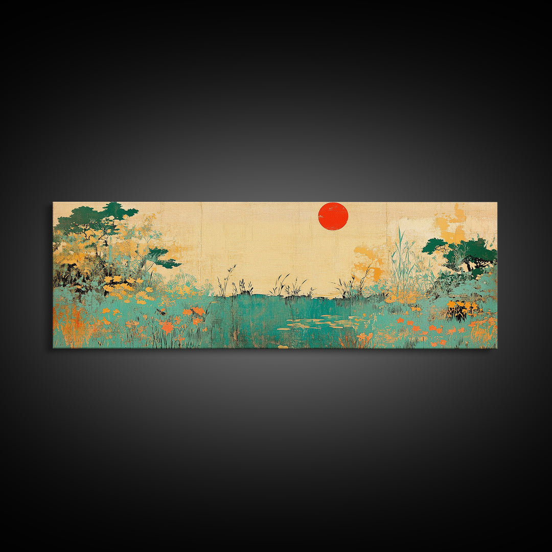 Red Sun Wildflower Marsh Landscape Wall Art, Japanese Inspired Panoramic Canvas, Nature Print, Japandi Living Room Decor