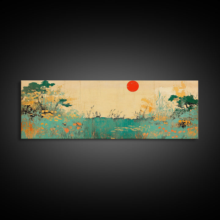 Red Sun Wildflower Marsh Landscape Wall Art, Japanese Inspired Panoramic Canvas, Nature Print, Japandi Living Room Decor