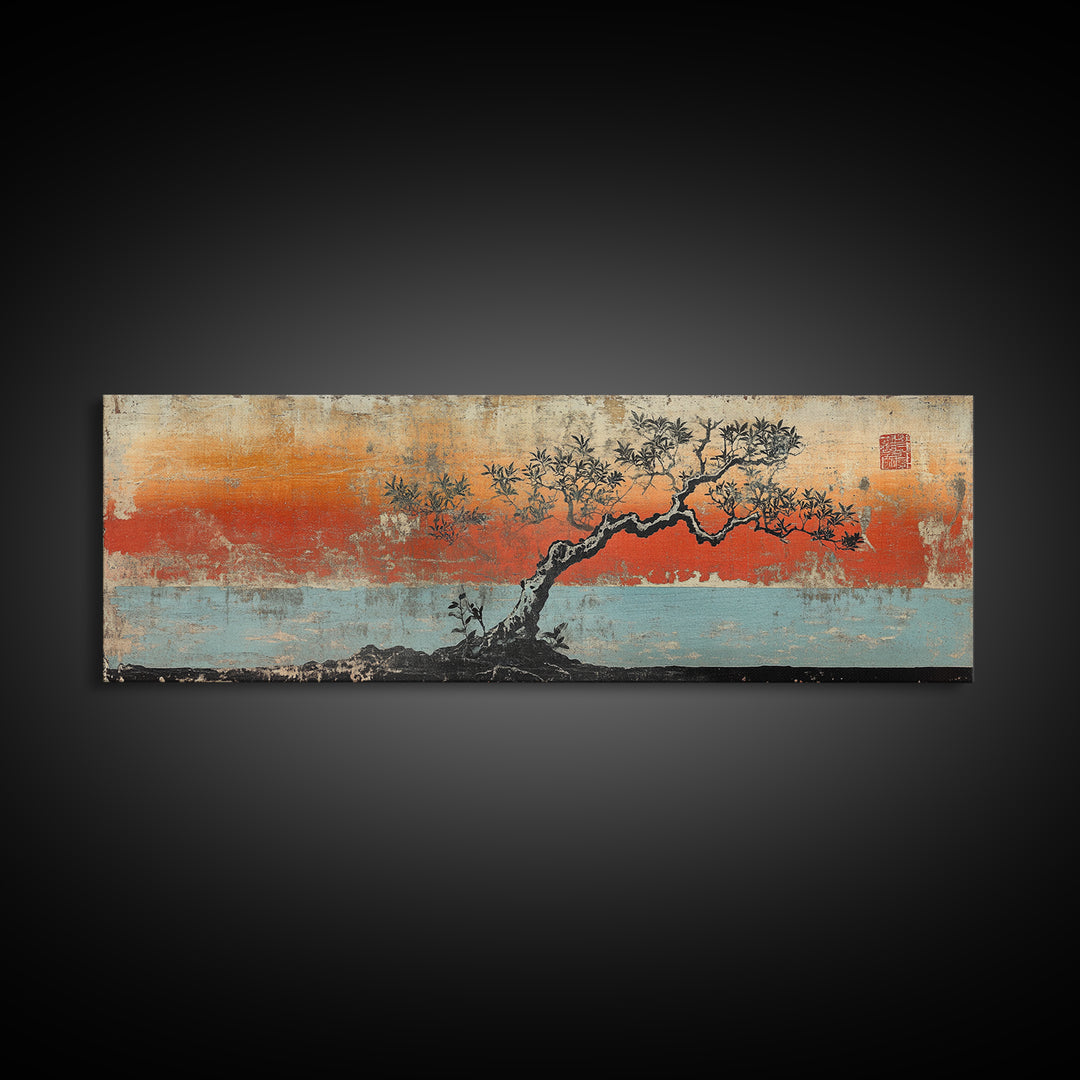 Windswept Pine Tree Sunset Canvas Print, Asian Inspired Coastal Landscape, Zen Wall Decor, Moody Living Room Art, Serene Home Decor