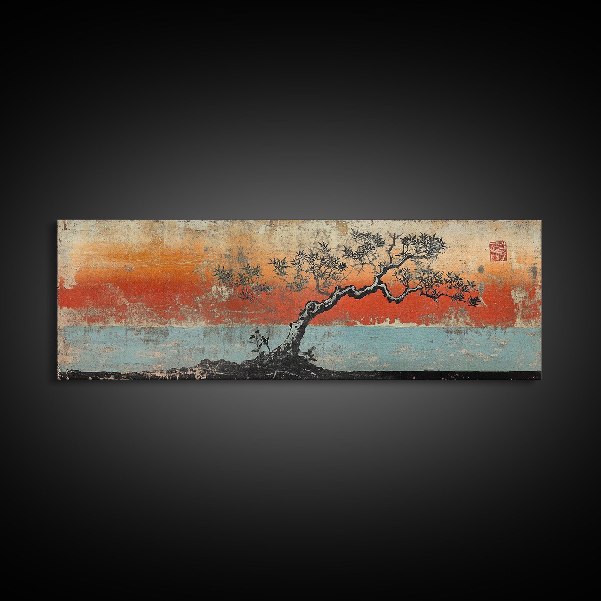 Windswept Pine Tree Sunset Canvas Print, Asian Inspired Coastal Landscape, Zen Wall Decor, Moody Living Room Art, Serene Home Decor