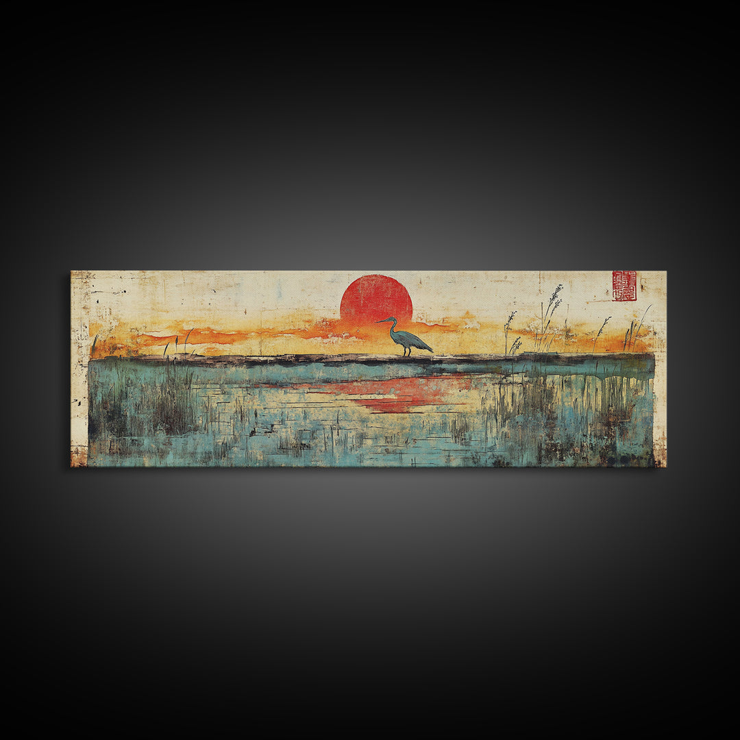 Blue Marsh Heron Red Sun Wall Art, Japanese Inspired Landscape Print, Coastal Wetlands Decor, Serene Bedroom Wall Decor Print