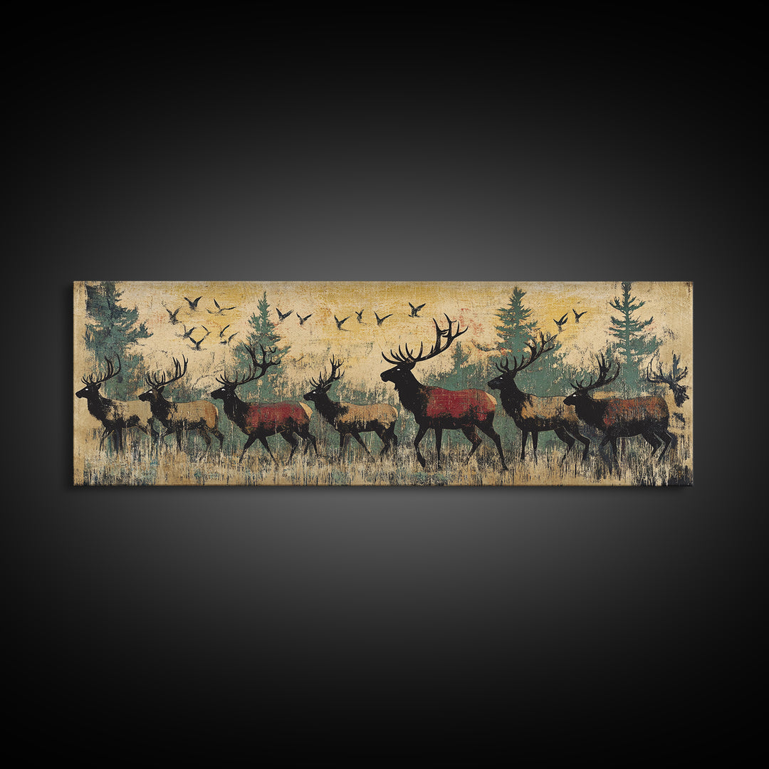 Elk Herd Forest Wildlife Wall Art, Rustic Panoramic Canvas Print, Lodge Cabin Decor, Nature Lover Gift For Him, Living Room Wall Decor