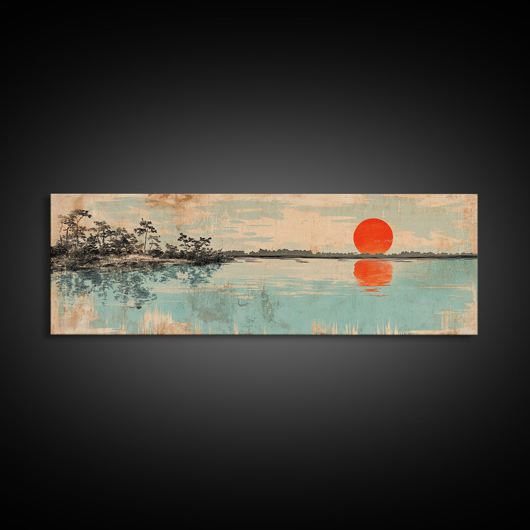 Red Sun Over Serene Teal Lake Wall Art, Japanese Landscape Print, Panoramic Canvas, Japandi Living Room Decor, Coastal Home Decor