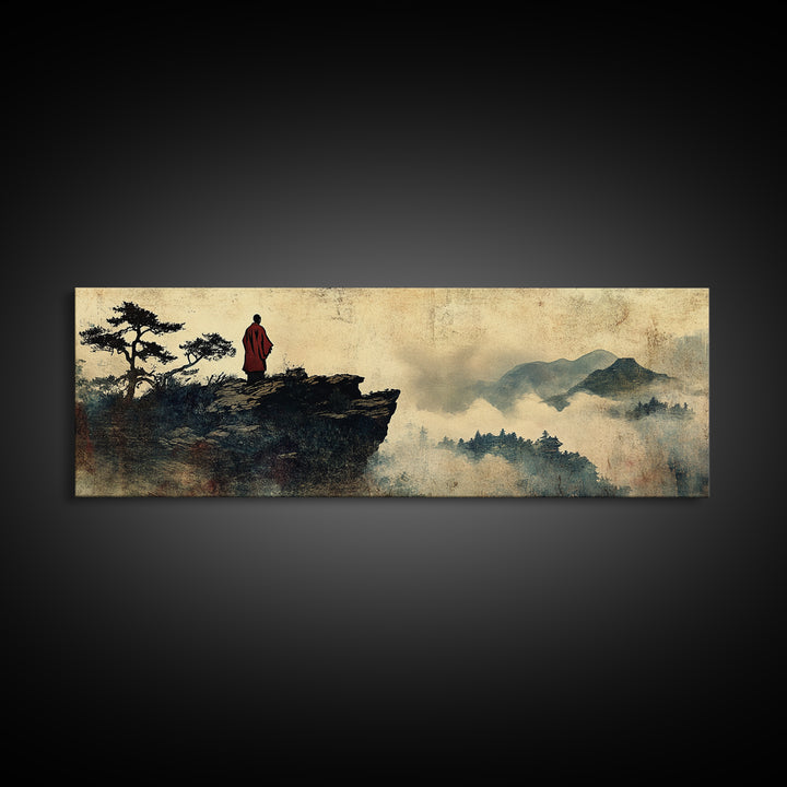 Solitary Monk On Misty Mountain Cliff Wall Art, Asian Landscape Print, Zen Meditation Decor, Japandi Office Wall Decor Art