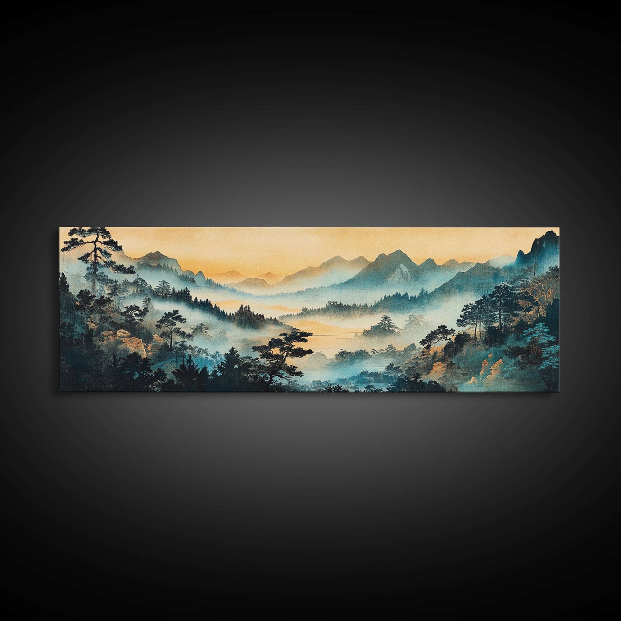 Misty Blue Mountain Valley Canvas Print, Asian Landscape Wall Art, Panoramic Nature Print, Japandi Living Room Decor, Housewarming Gift