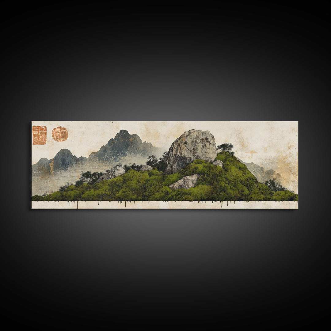 Green Moss Island With Ink Mountains Wall Art, Asian Landscape Print, Chinese Brush Style, Zen Home Decor, Office Wall Art