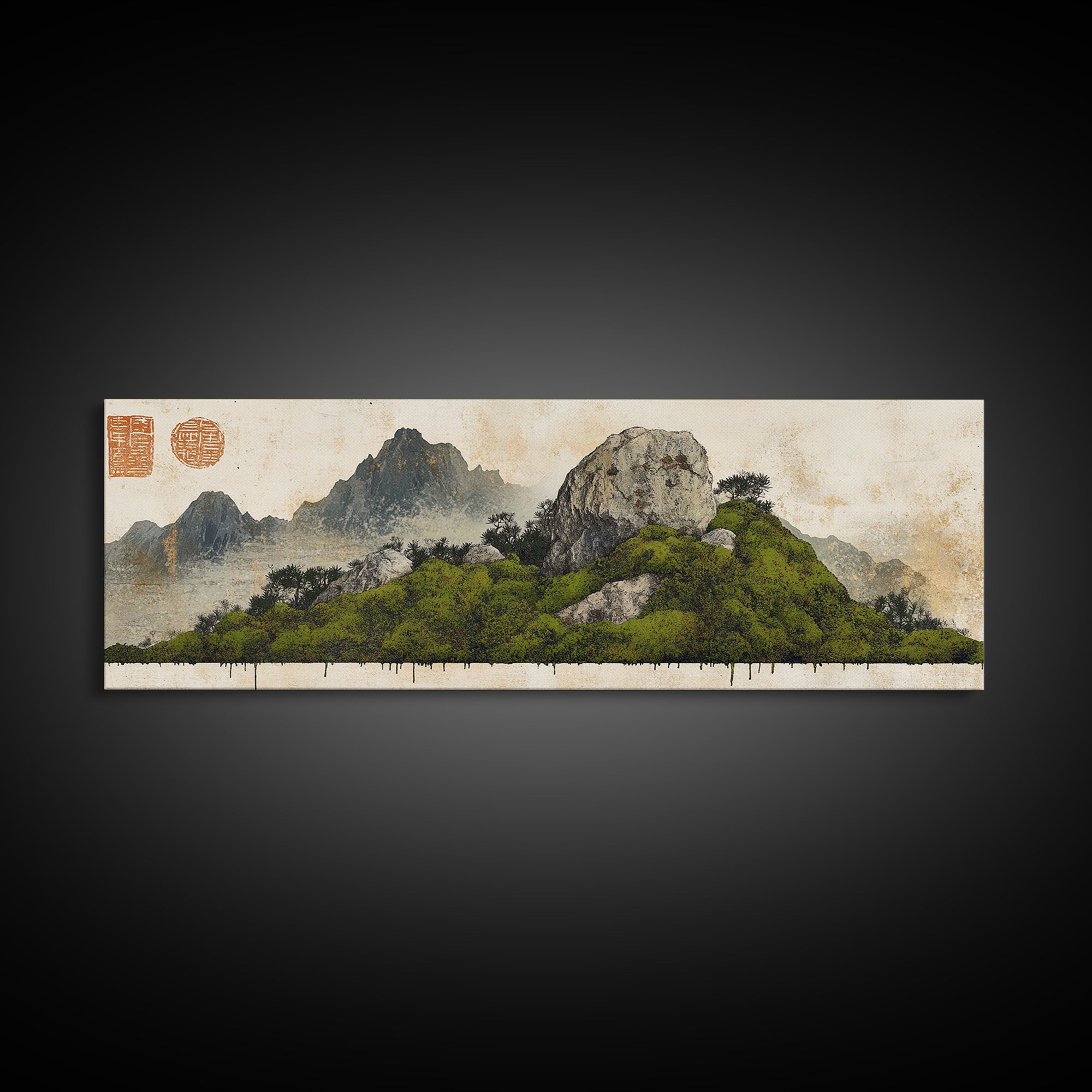 Green Moss Island With Ink Mountains Wall Art, Asian Landscape Print, Chinese Brush Style, Zen Home Decor, Office Wall Art