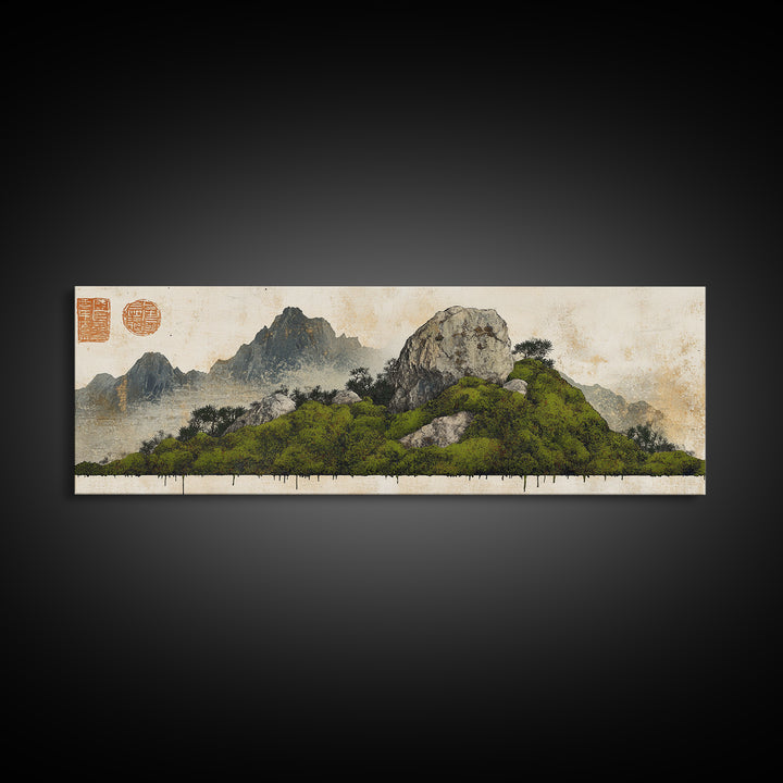 Green Moss Island With Ink Mountains Wall Art, Asian Landscape Print, Chinese Brush Style, Zen Home Decor, Office Wall Art