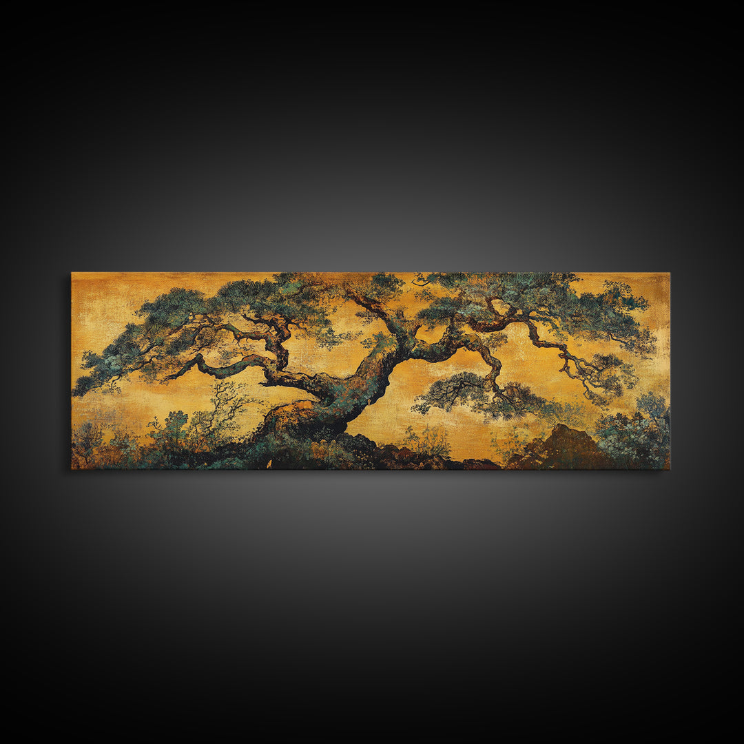 Ancient Pine Tree In Golden Forest Wall Art, Rustic Asian Landscape Print, Nature Inspired Art, Japandi Home Decor Gift For Her