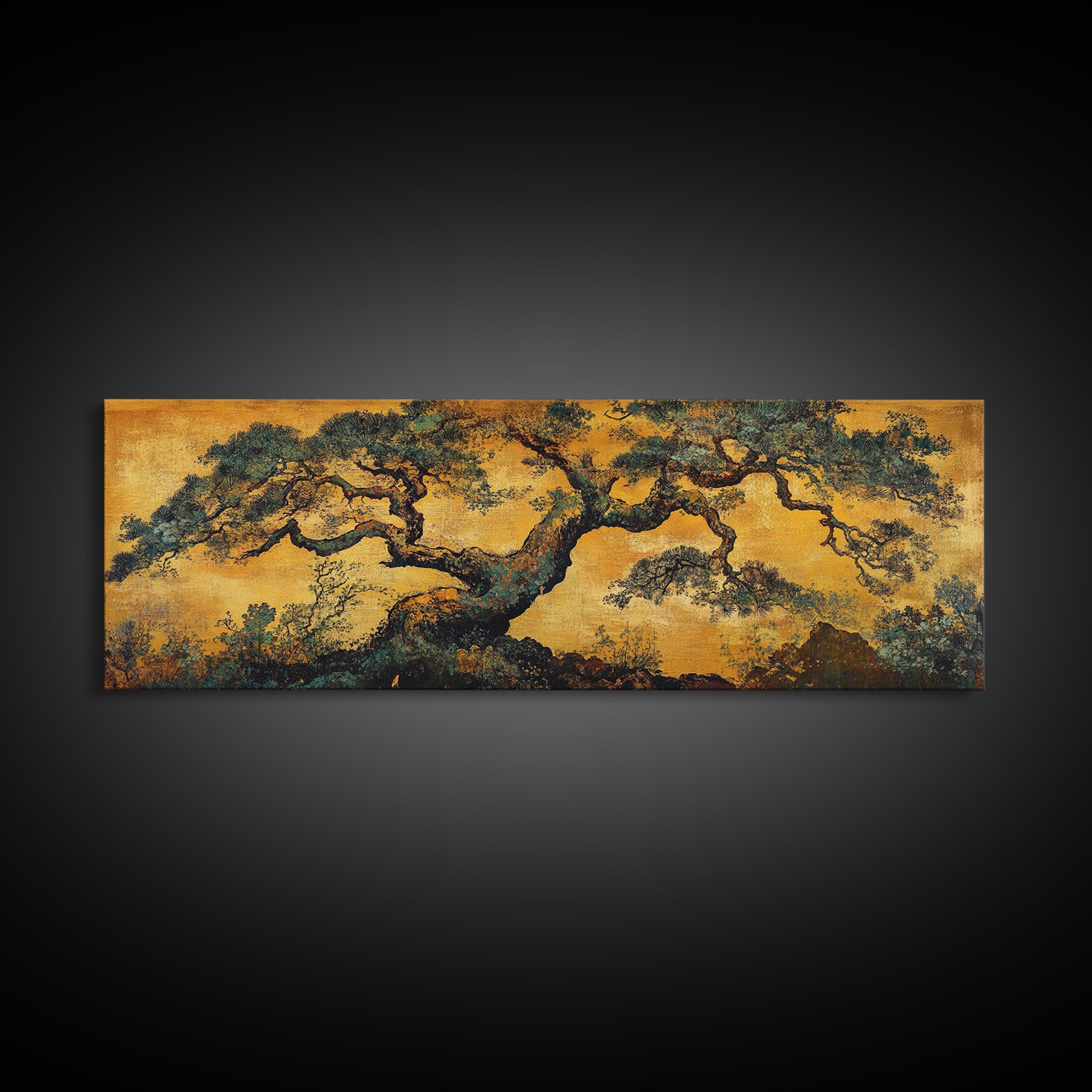 Ancient Pine Tree In Golden Forest Wall Art, Rustic Asian Landscape Print, Nature Inspired Art, Japandi Home Decor Gift For Her