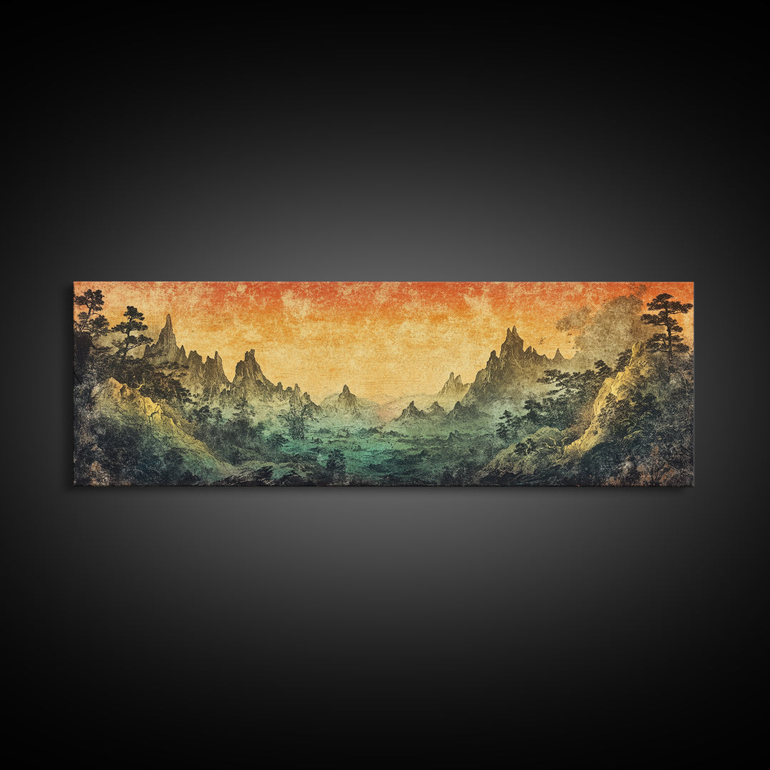 Mystical Mountain Valley At Sunset Canvas Print, Asian Landscape Wall Art, Moody Nature Decor, Panoramic Living Room Art