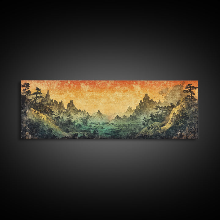 Mystical Mountain Valley At Sunset Canvas Print, Asian Landscape Wall Art, Moody Nature Decor, Panoramic Living Room Art