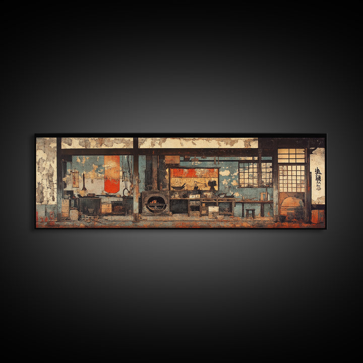 Rustic Japanese Tea House Interior Wall Art, Zen Kitchen Decor Print, Wabi Sabi Home Decor, Framed Canvas Print, Japandi Living Room Decor