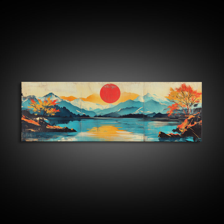 Red Sun Over Mountain Lake Framed Canvas Print, Japanese Landscape Wall Art, Autumn Nature Decor, Large Panoramic Print, Housewarming Gift