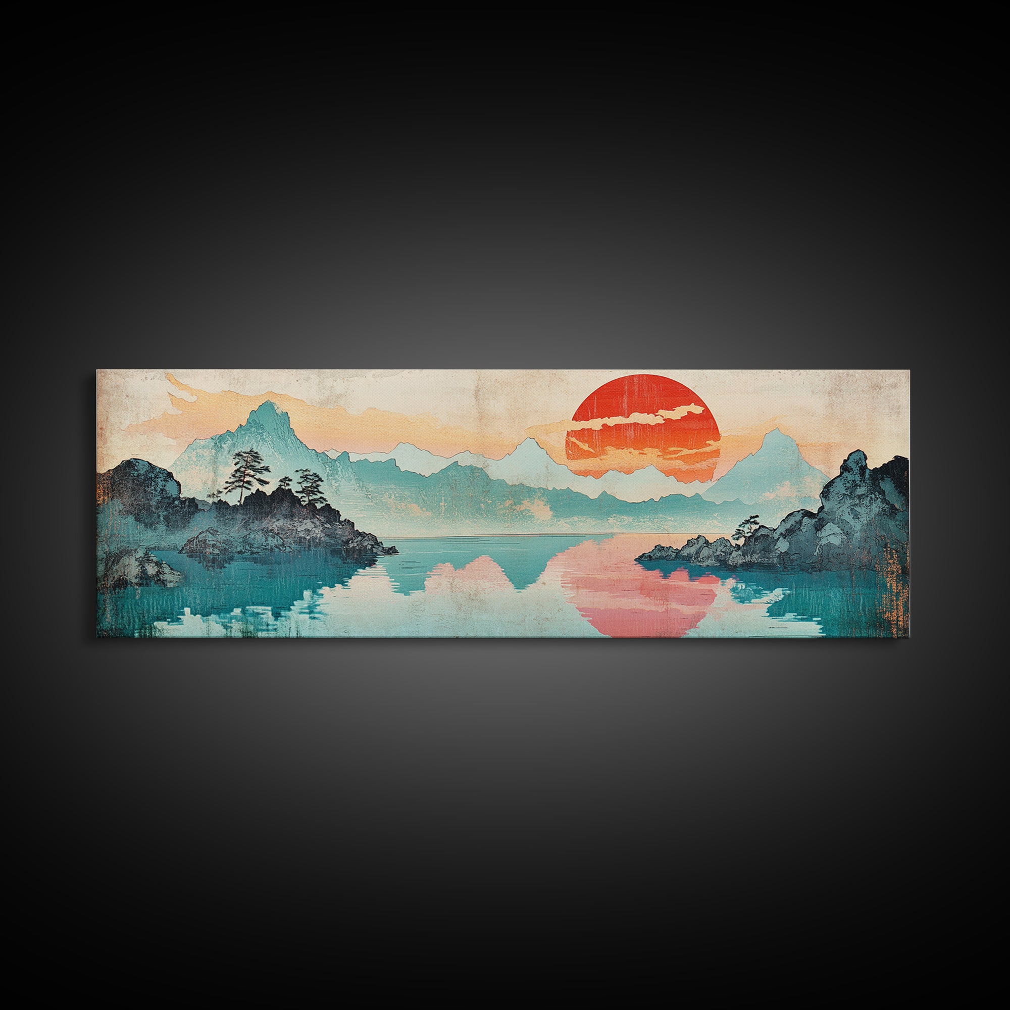 Coral Sun Over Teal Mountain Lake Wall Art, Japanese Landscape Print, Coastal Japandi Decor, Serene Bedroom Wall Art Print