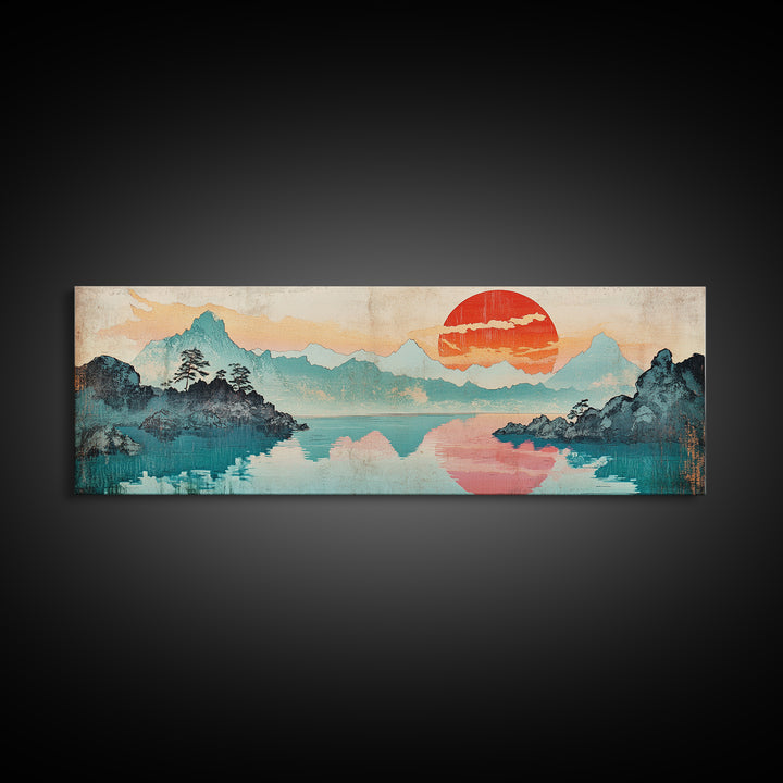 Coral Sun Over Teal Mountain Lake Wall Art, Japanese Landscape Print, Coastal Japandi Decor, Serene Bedroom Wall Art Print