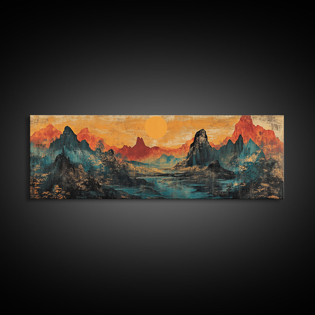 Orange Sun Over Dramatic Mountain Range Canvas Print, Asian Landscape Wall Art, Rustic Desert Decor, Statement Wall Art For Office Decor