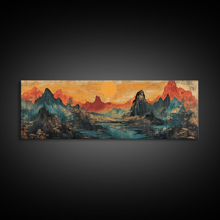 Orange Sun Over Dramatic Mountain Range Canvas Print, Asian Landscape Wall Art, Rustic Desert Decor, Statement Wall Art For Office Decor