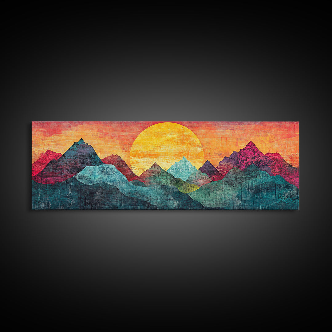 Geometric Mountain Sunrise With Teal And Magenta Peaks Wall Art, Mid Century Modern Canvas Print, Colorful Landscape Decor