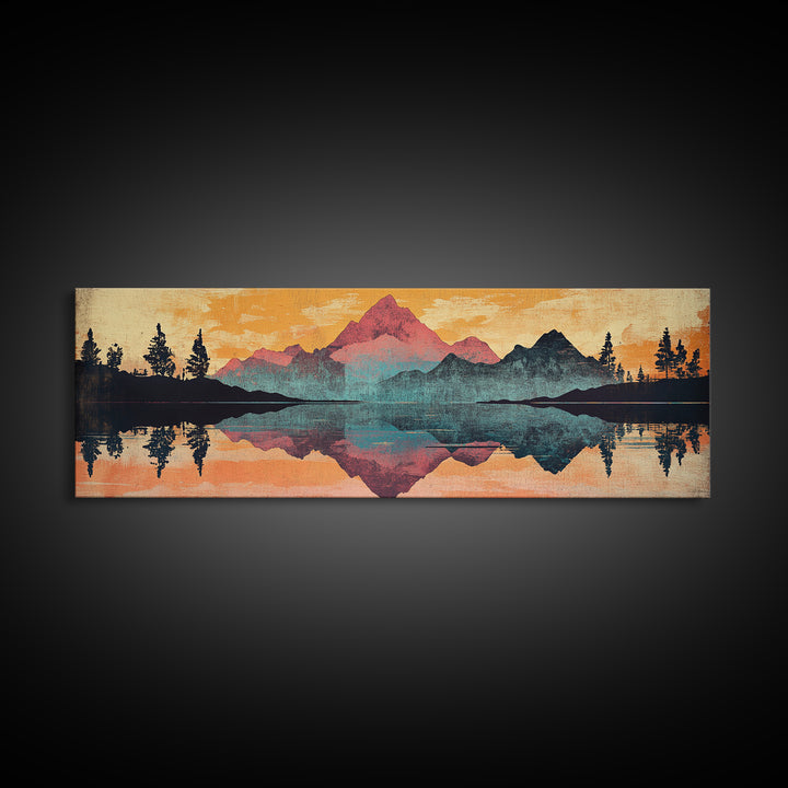 Mountain Lake Reflection With Pine Forest Sunset Wall Art, Framed Canvas Print, Nature Landscape, Rustic Cabin Decor, Lake House