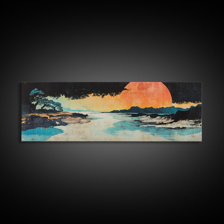 Serene Coastal Sunset With Lone Tree And Blue Shore Wall Art, Japanese Canvas Print, Zen Landscape, Beach House Decor, Spa Decor