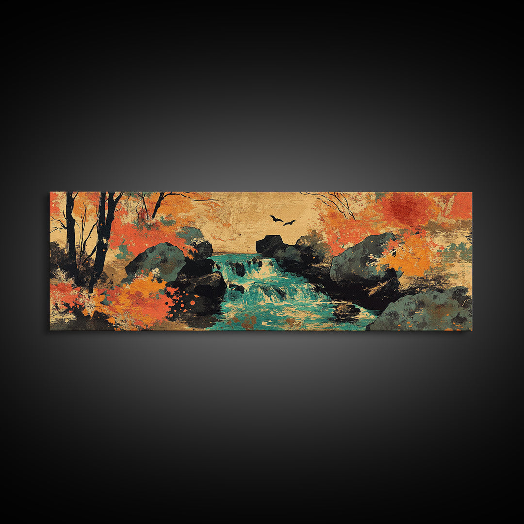 Autumn Forest Stream With Waterfall And Birds Wall Art, Framed Canvas Print, Rustic Landscape Art, Cozy Cabin Decor, Nature
