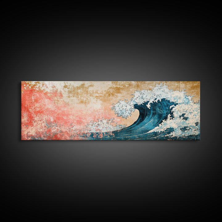 Crashing Blue Wave With Pink Coral Sky Wall Art, Framed Canvas Print, Coastal Seascape, Ocean Wall Decor, Beach House Decor