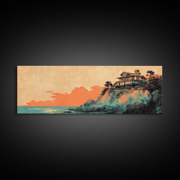 Japanese Cliffside House At Sunset Wall Art, Panoramic Canvas Print, Coastal Decor, Asian Inspired Living Room Decor Art Print