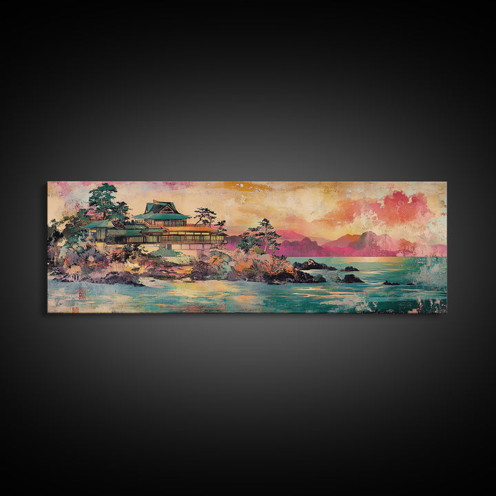 Japanese Palace On Turquoise Coast Wall Art, Panoramic Canvas Print, Asian Landscape Art For Japandi Living Room Decor Print