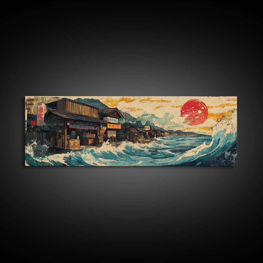 Japanese Seaside Village With Red Sun Wall Art, Panoramic Canvas Print, Ocean Wave Decor, Coastal Kitchen Art Print Home Decor