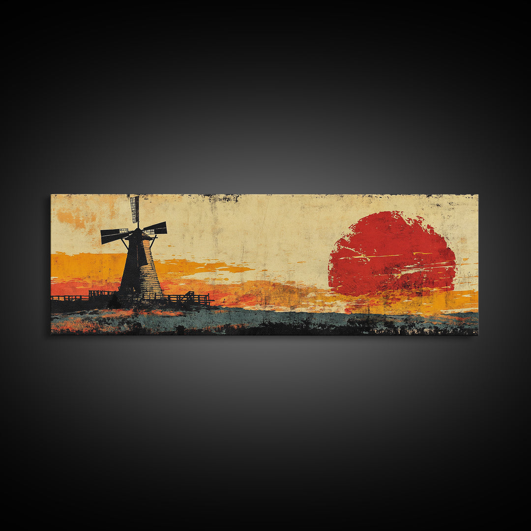 Rustic Windmill And Red Sun Landscape Wall Art, Panoramic Canvas Print, Farmhouse Decor, Western Living Room Art Home Decor