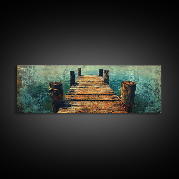 Weathered Wooden Dock Over Teal Water Wall Art, Panoramic Canvas Print, Lake House Decor, Nautical Living Room Art Coastal Decor