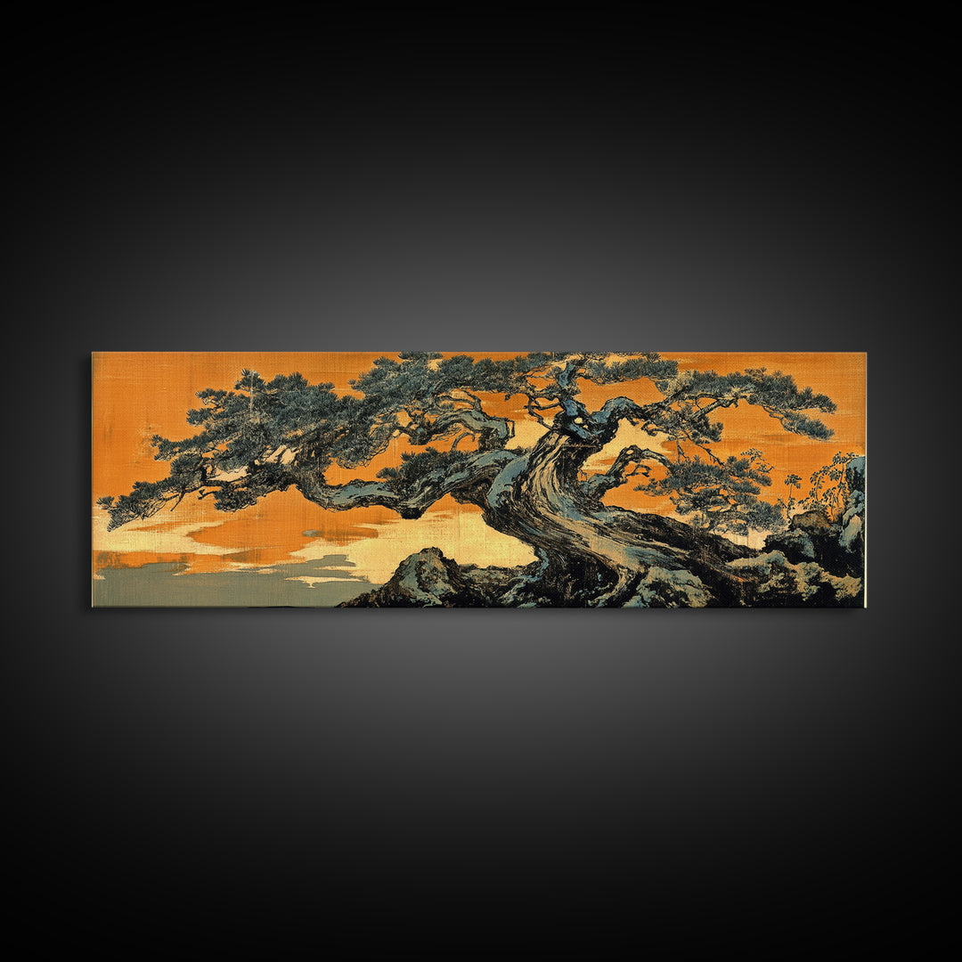 Twisted Japanese Pine Tree Landscape Wall Art, Panoramic Canvas Print, Japandi Decor, Nature Wall Decor, Office Art Print