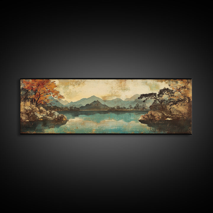 Autumn Mountain Lake With Misty Forest Wall Art, Panoramic Canvas Print, Nature Decor, Landscape Art For Living Room Decor