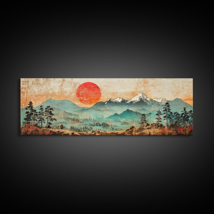 Red Sun Over Snowy Mountains And Pines Wall Art, Panoramic Canvas Print, Rustic Nature Decor, Large Landscape Art Home Decor