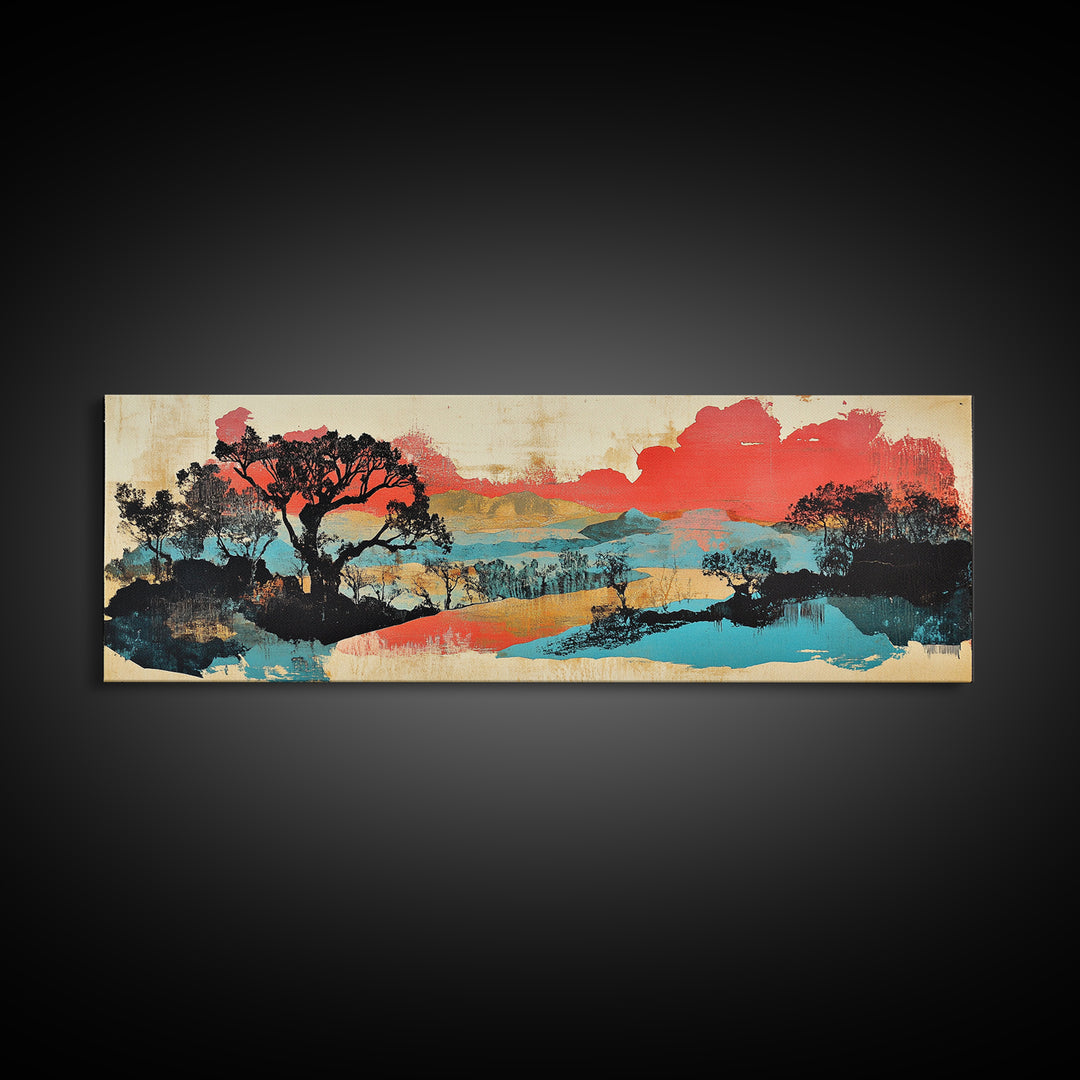 Coral Sky Abstract River Trees Wall Art, Japanese Landscape Print, Panoramic Canvas, Modern Asian Living Room Decor, Home Decor