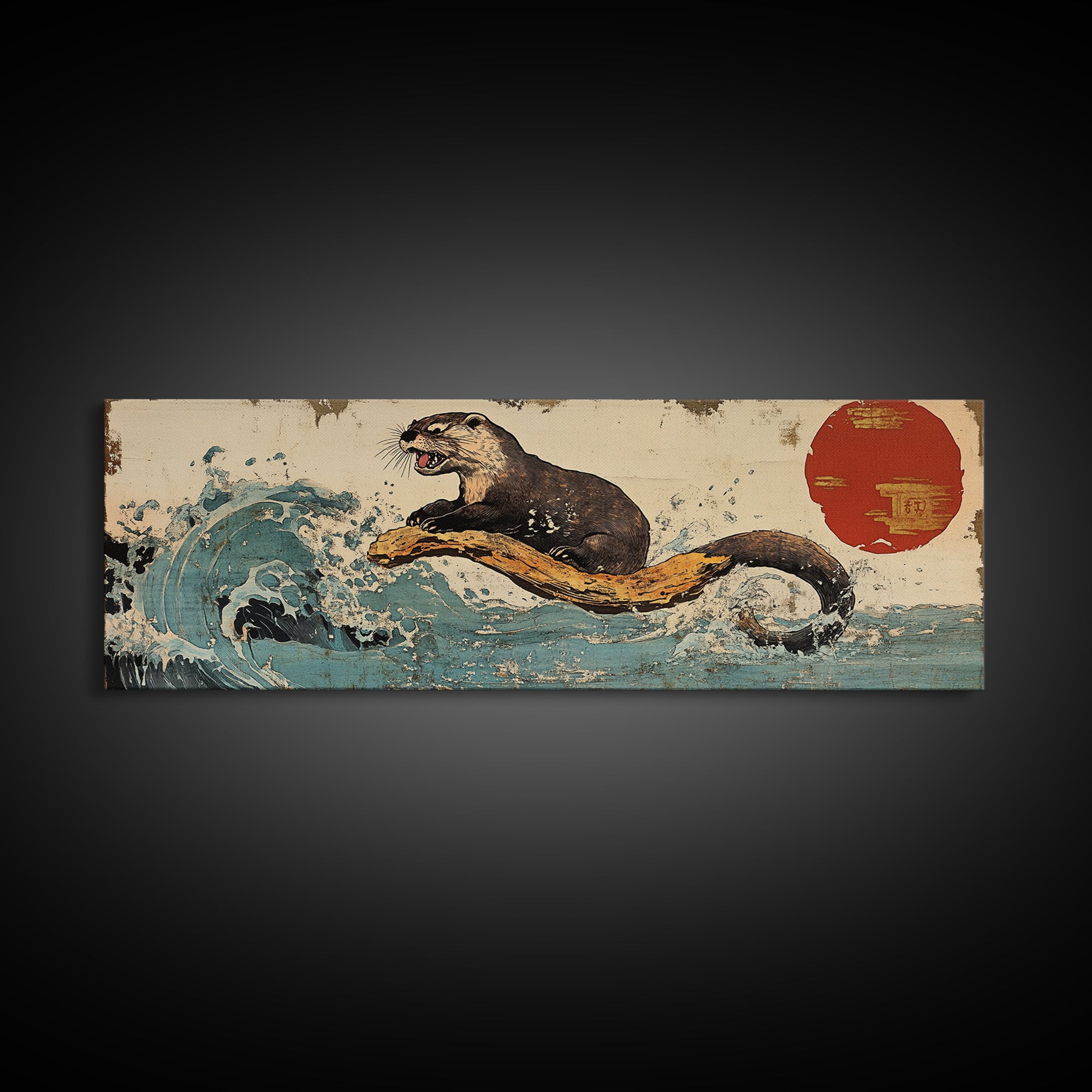 Playful Otter Riding Ocean Wave Wall Art, Japanese Animal Print, Panoramic Canvas, Coastal Bathroom Decor, Wildlife Gift For Her