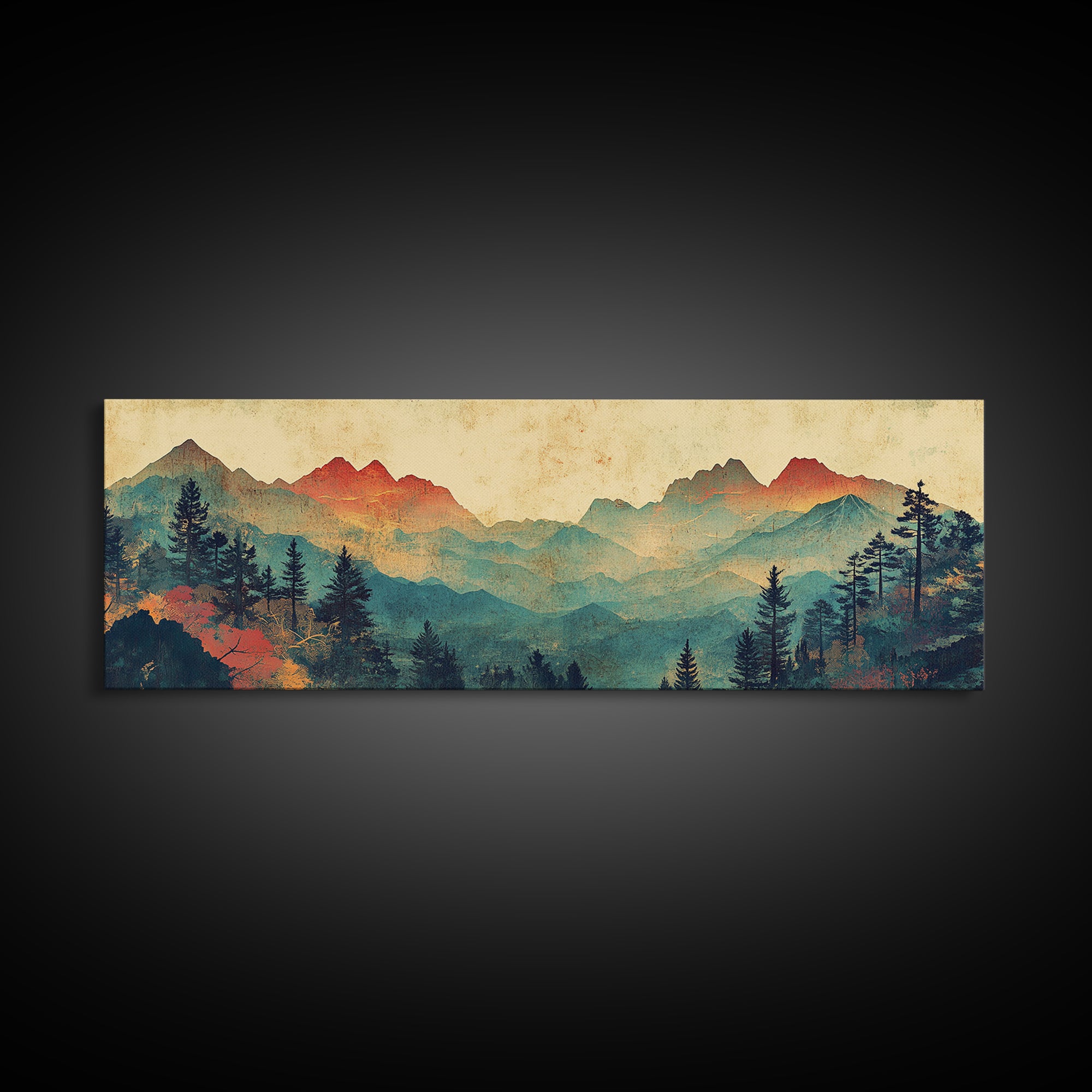 Layered Blue Mountain Forest Wall Art, Panoramic Canvas Print, Nature Landscape, Rustic Cabin Living Room Decor, Above Sofa Decor