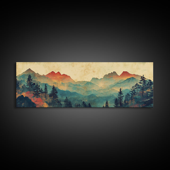 Layered Blue Mountain Forest Wall Art, Panoramic Canvas Print, Nature Landscape, Rustic Cabin Living Room Decor, Above Sofa Decor