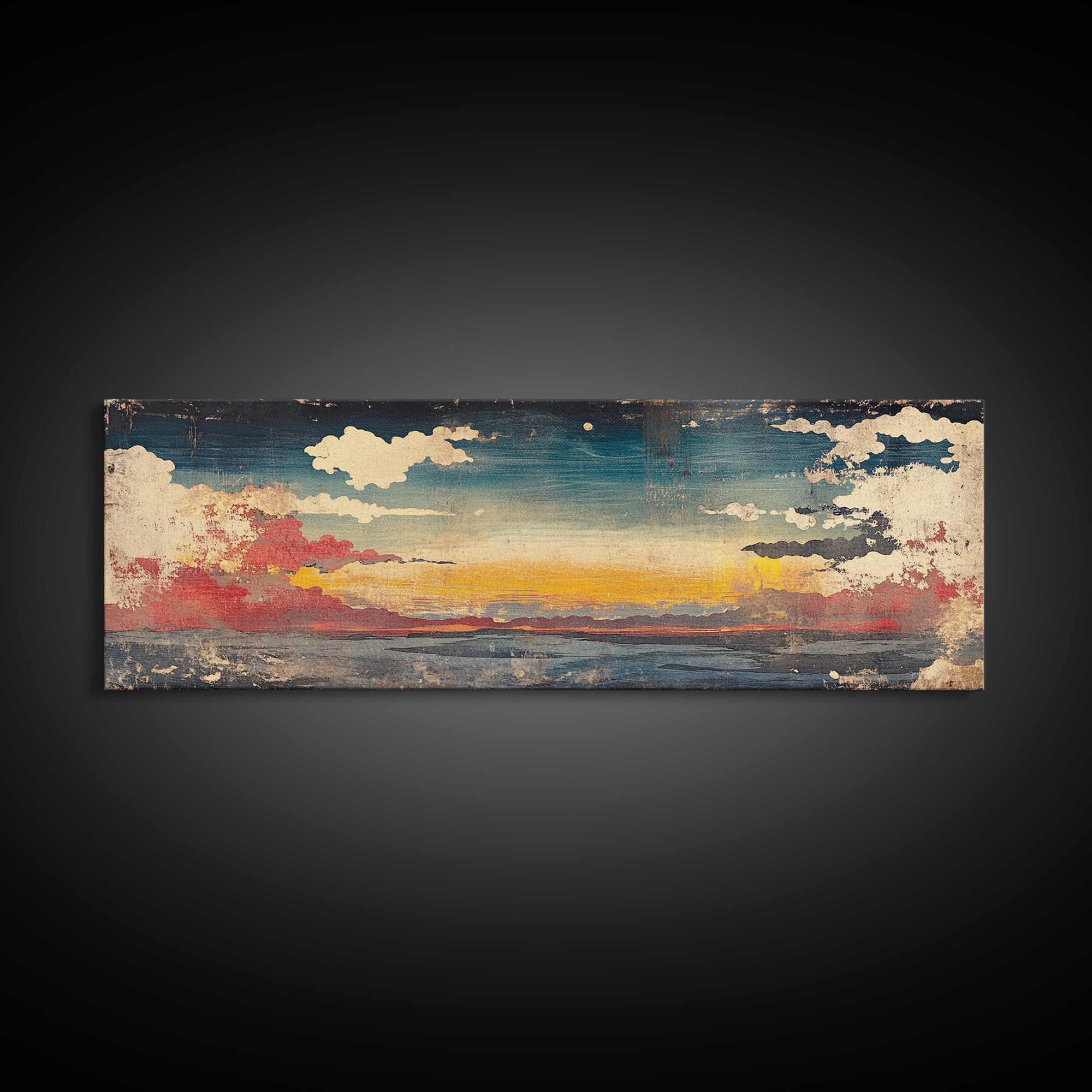 Moody Sunset Clouds Over Water Wall Art, Abstract Seascape Canvas Print, Coastal Landscape, Panoramic Home Decor, Living Room Art