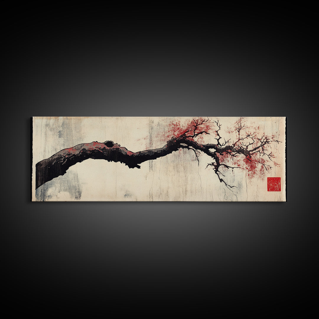 Minimal Black Branch With Red Blossoms Wall Art, Japanese Botanical Canvas Print, Wabi Sabi Neutral Home Decor, Above Bed Art