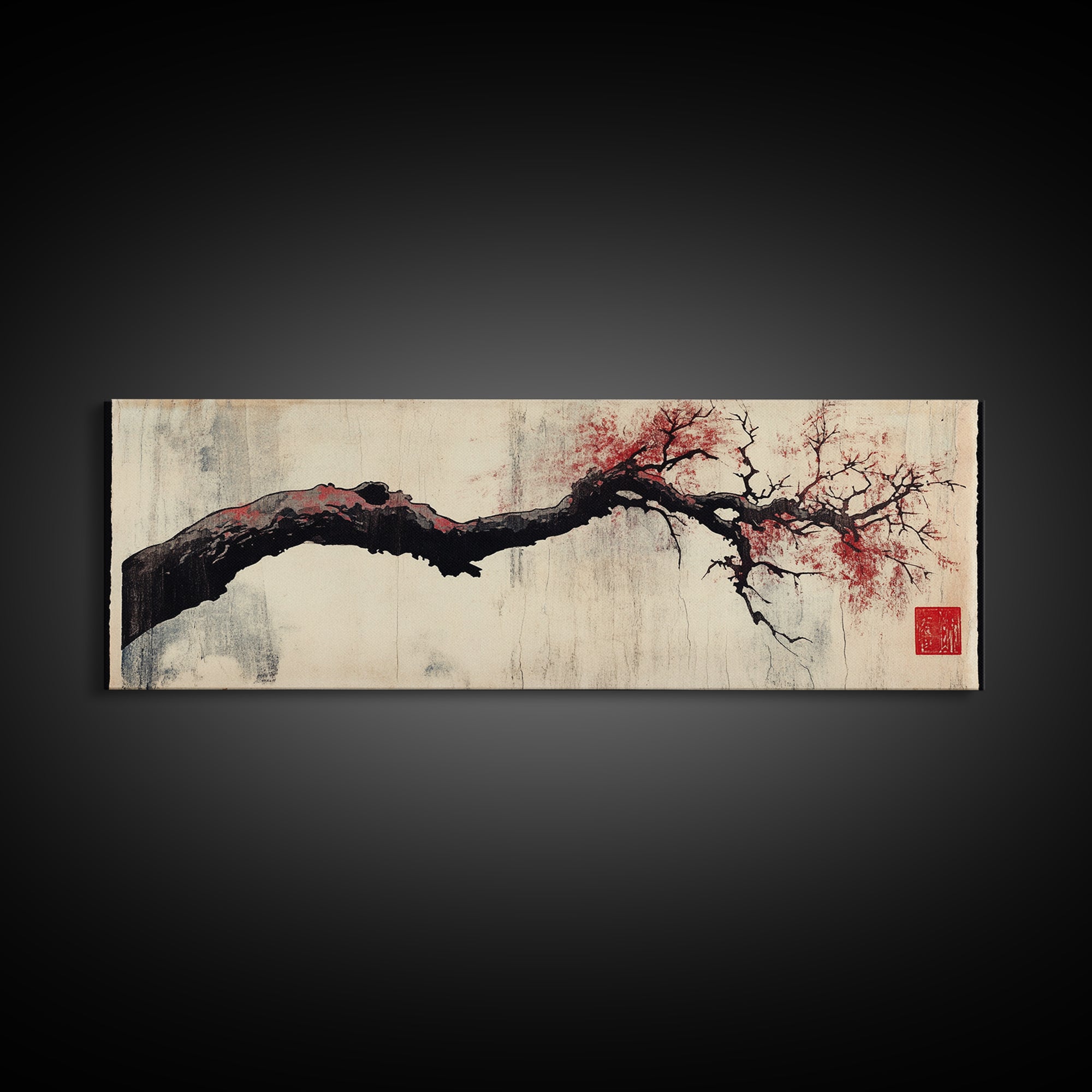 Minimal Black Branch With Red Blossoms Wall Art, Japanese Botanical Canvas Print, Wabi Sabi Neutral Home Decor, Above Bed Art