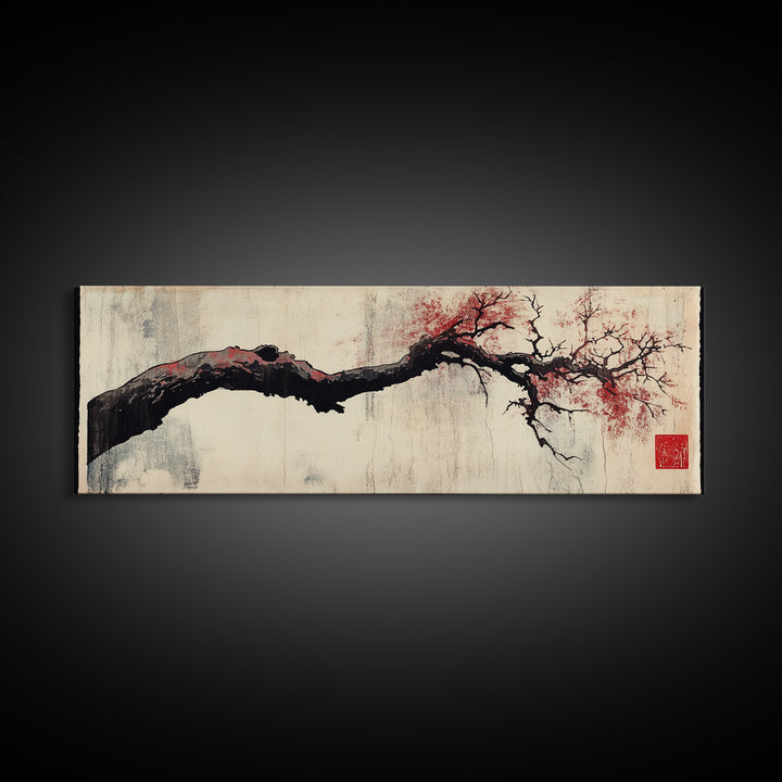 Minimal Black Branch With Red Blossoms Wall Art, Japanese Botanical Canvas Print, Wabi Sabi Neutral Home Decor, Above Bed Art
