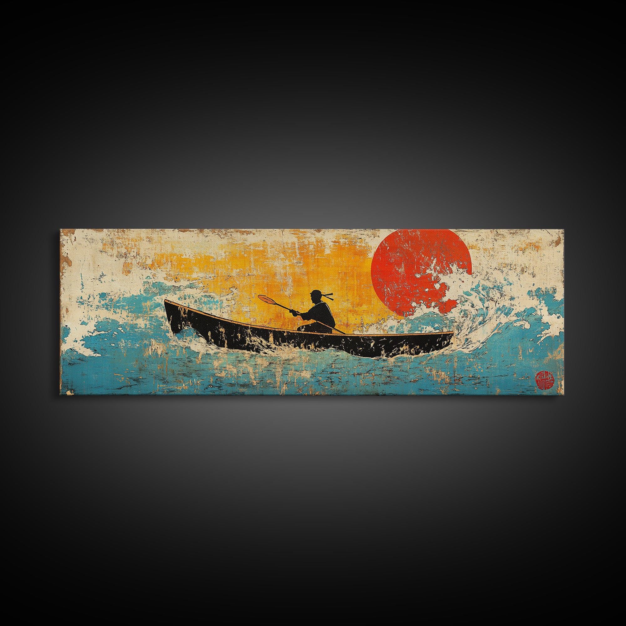 Canoe Silhouette Red Sun Canvas Print, Japanese Lake Wall Art, Retro Coastal Home Decor, Boho Living Room, Gift For Her, Art Print