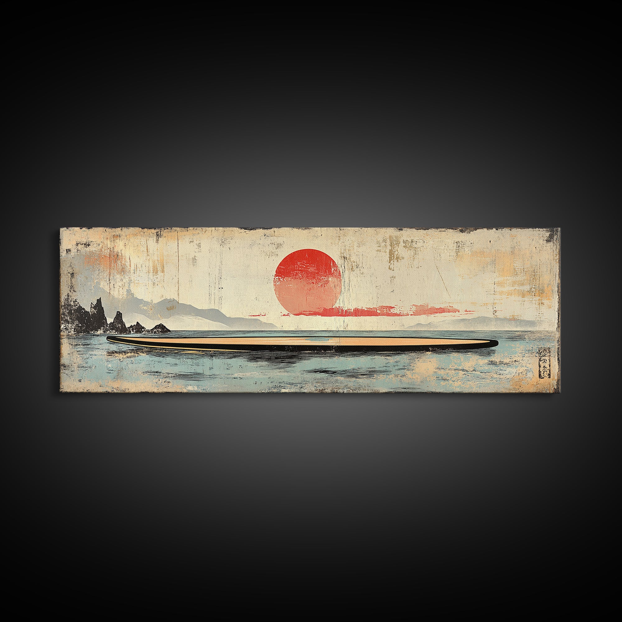 Red Sun Seascape Minimalist Wall Art, Japanese Coastal Canvas Print, Neutral Beach House Decor, Living Room Art Print, Zen Home Decor