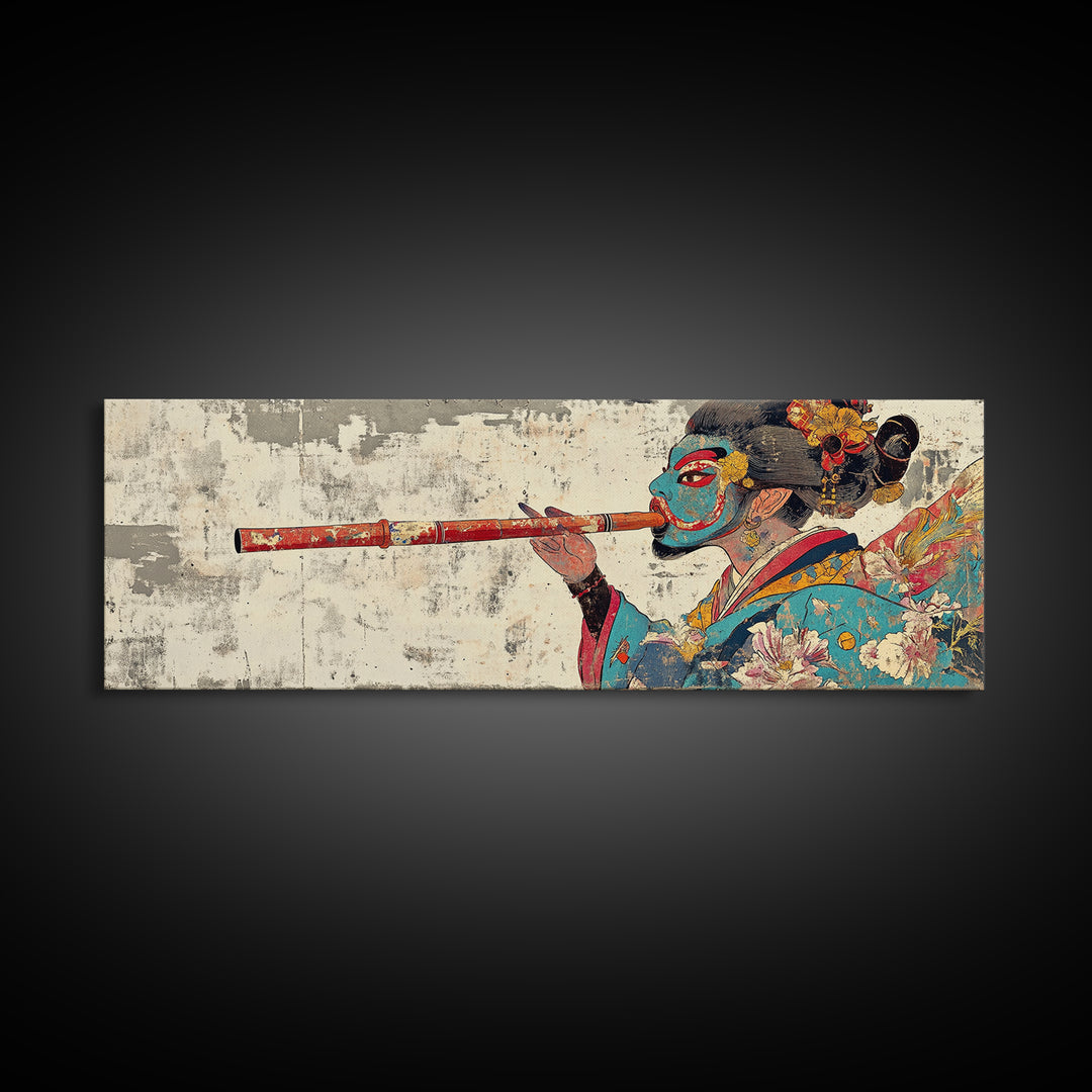 Japanese Geisha Flute Portrait Framed Canvas Print, Asian Wall Art, Kimono Woman Decor, Japandi Home Decor, Gift For Her